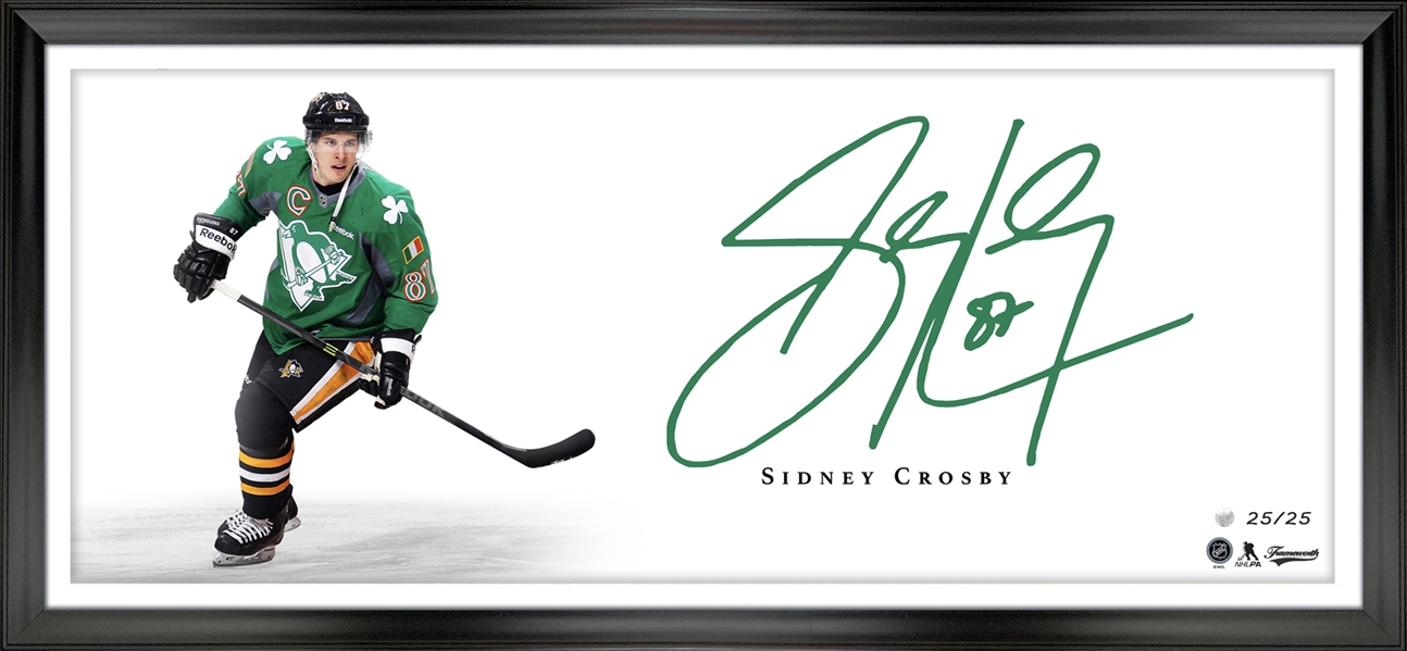 **New Release** Sidney Crosby Signed 18x44 Framed Print Penguins St. Patricks Jersey Oversize Signature (Limited Edition)