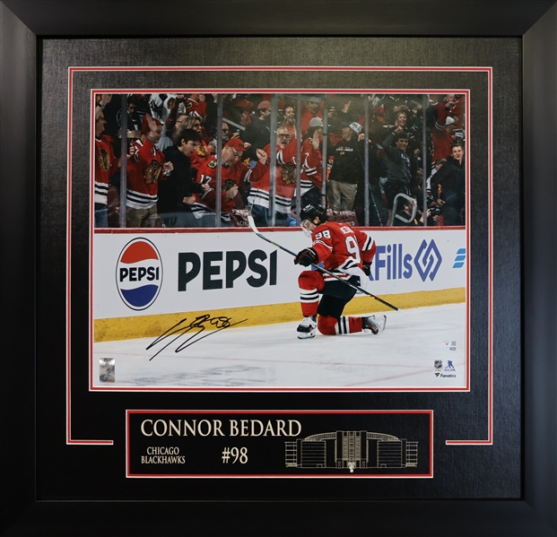 Connor Bedard Signed 16x20 Photo Etched Mat Chicago Blackhawks Celebration