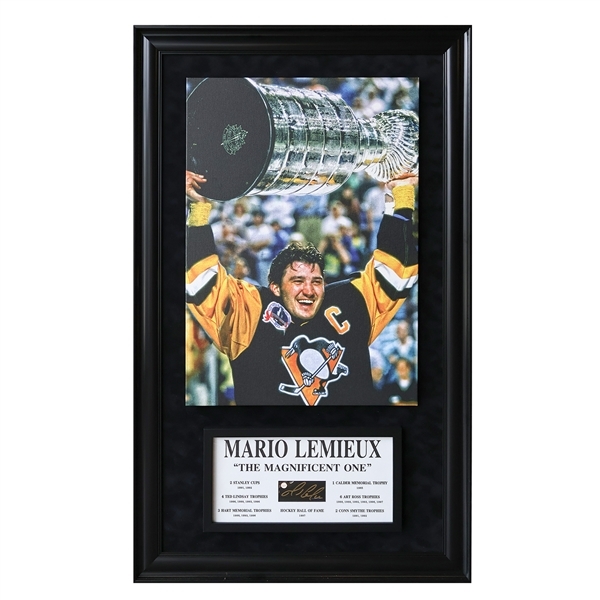 Mario Lemieux 20x29 Canvas Embedded into a 28 x 44 Frame with a Hand-signed Embedded Signature