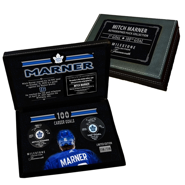 Mitch Marner Signed 1st and 100th Goals Pucks in Deluxe Toronto Maple Leafs Case (Limited Edition of 116)
