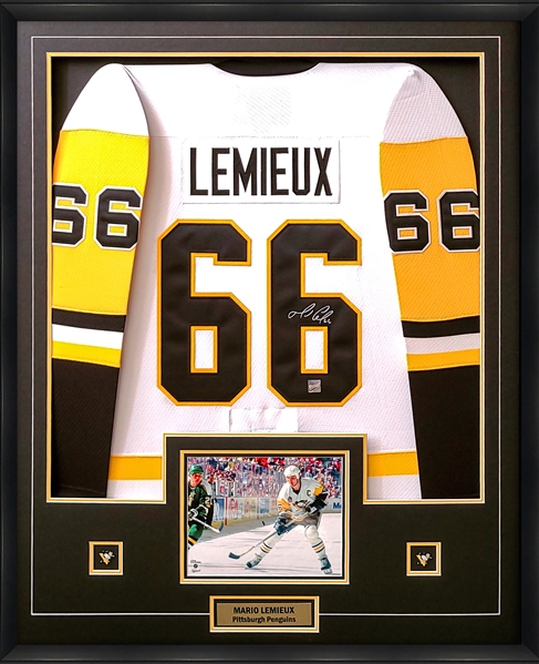 **Out of the Vault** Mario Lemieux Signed Framed Pittsburgh Penguins CCM White Jersey