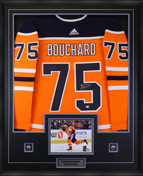 Evan Bouchard Edmonton Oilers Signed Orange Adidas Authentic Jersey Framed