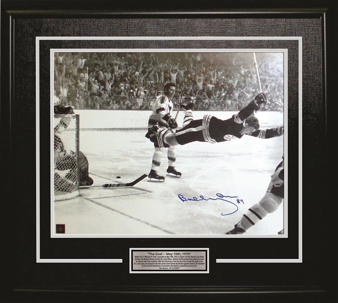 Bobby Orr Boston Bruins Signed 16x20 "The Goal" Black and White Framed Photo