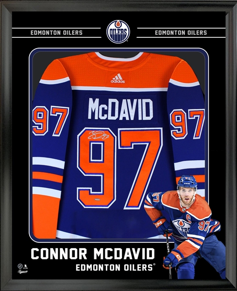 Connor McDavid Signed Jersey Framed PhotoGlass Edmonton Oilers Blue Adidas
