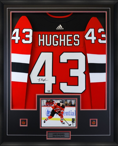 Luke Hughes New Jersey Devils Signed Red Adidas Authentic Jersey Framed