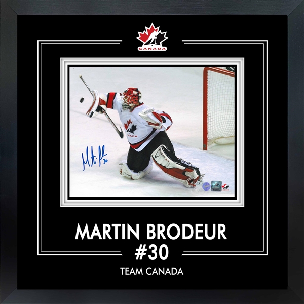 Martin Brodeur Signed 8x10 Framed PhotoGlass Team Canada Blocker Save-H