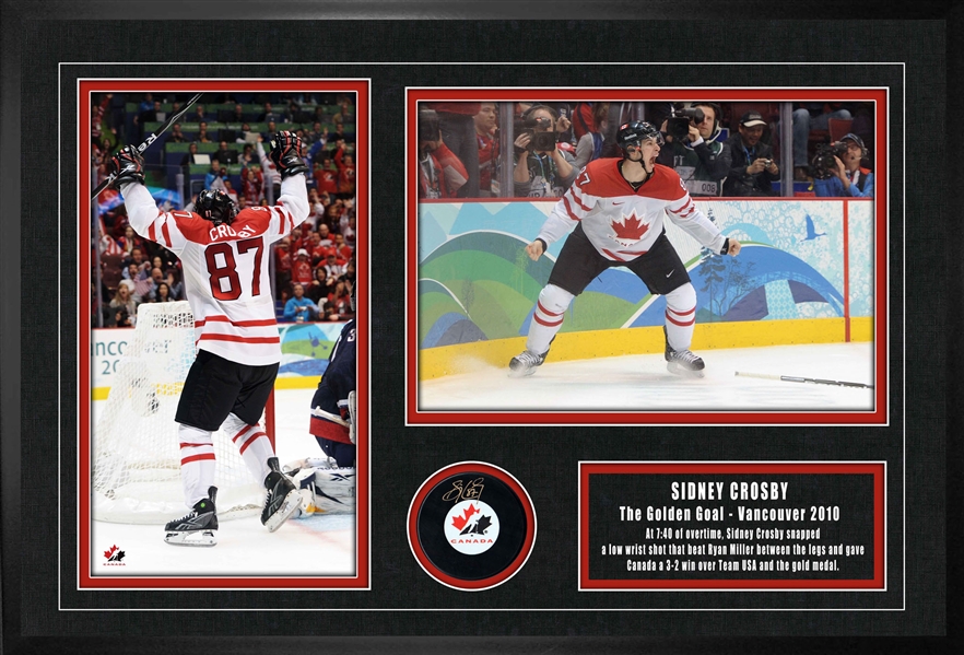 Sidney Crosby Signed Framed Team Canada Puck 2010 Golden Goal Collage