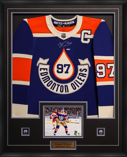 Connor McDavid Signed Jersey Framed Blue Edmonton Oilers 2023 Heritage Classic Adidas Authentic
