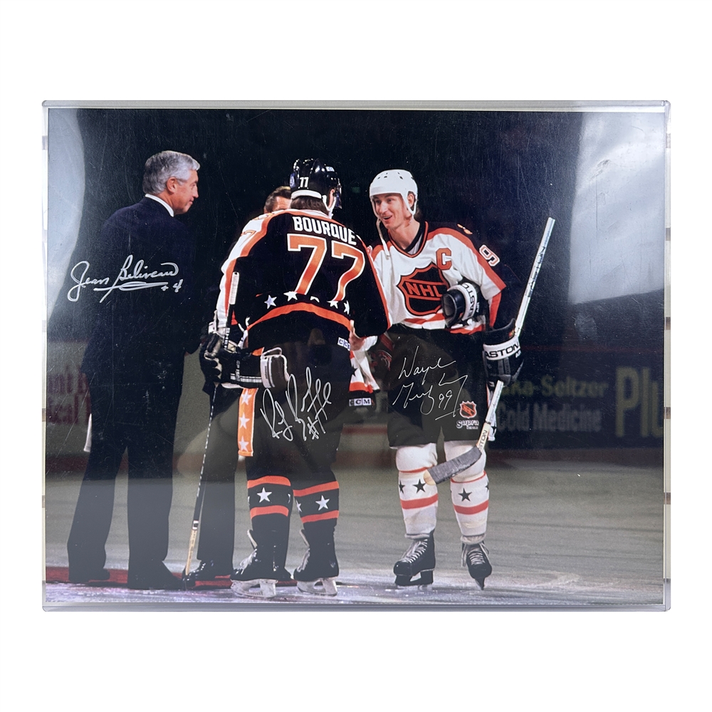 Jean Believeau, Wayne Gretzky, and Ray Bourque Multi-Signed 16x20 1991 NHL All-Star Game Photo