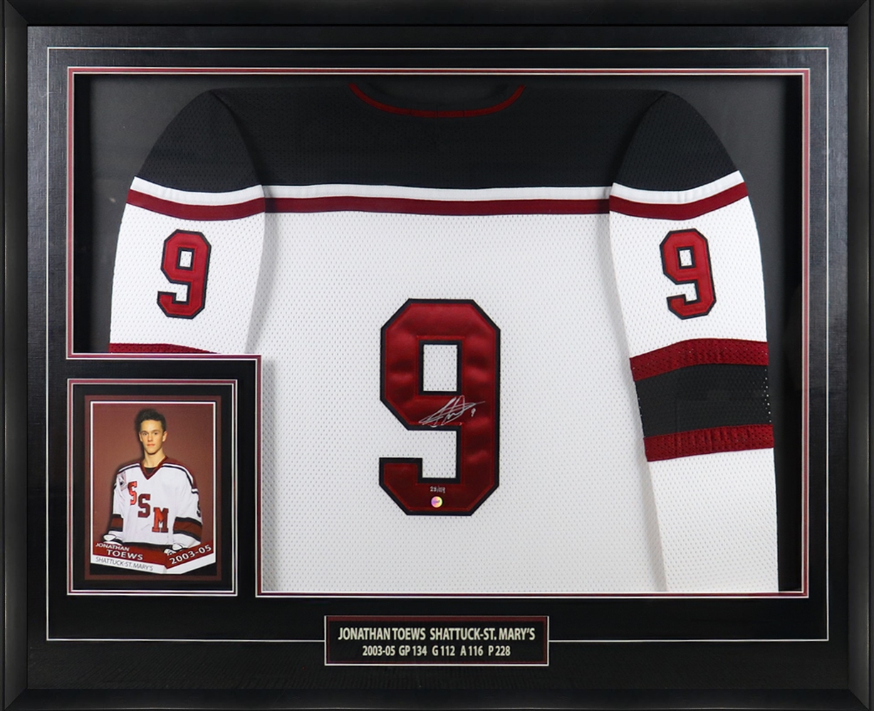 Jonathan Toews Signed Framed Shattuck St. Marys White Jersey