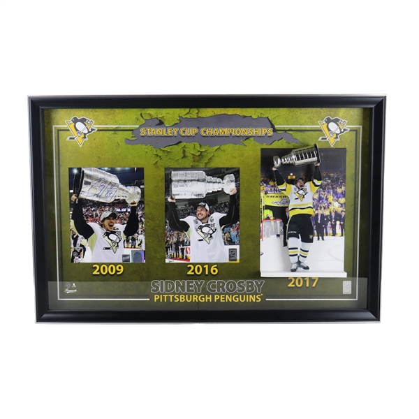 Sidney Crosby Signed & Framed 8x10 Photo – 2009 Stanley Cup Champion, Displayed Alongside Unsigned 2016 & 2017 Cup Photos.