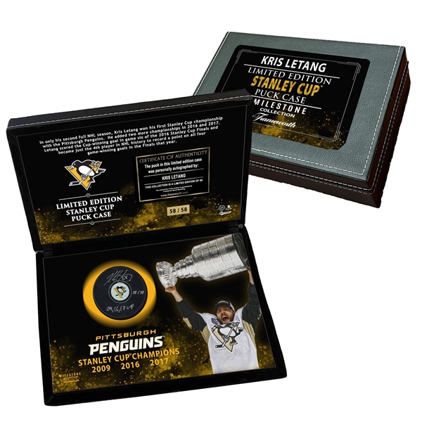 Kris Letang Signed Puck in Deluxe Case Pittsburgh Penguins Insc "09, 16, 17 Cup" LE of 58